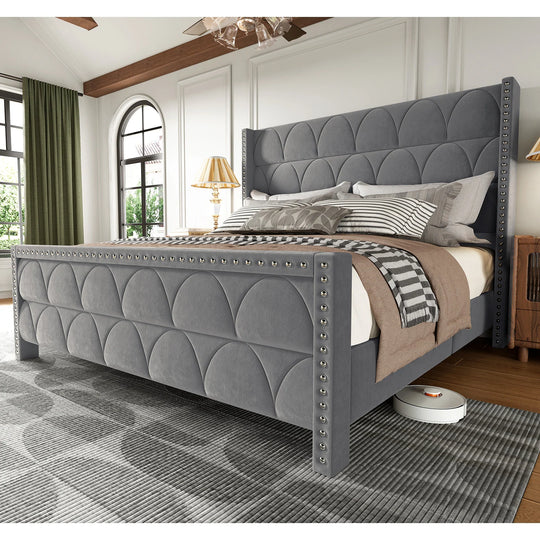 Hansabenne Solid Wood Bed Frame Queen and King Platform Bed Frame with Headboard White and Gray