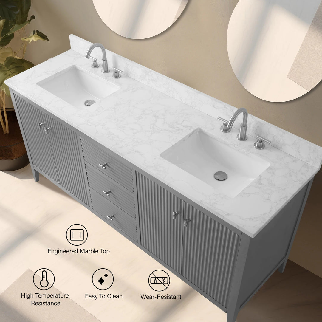 72" Double Sink Bathroom Vanity Cabinet with Engineered Marble Top