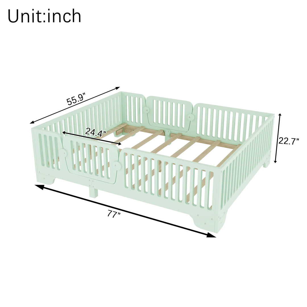 Full Size Montessori Floor Bed Frame with Safety Rails and Removable Door, Low Profile Kids Bed with Slatted Support