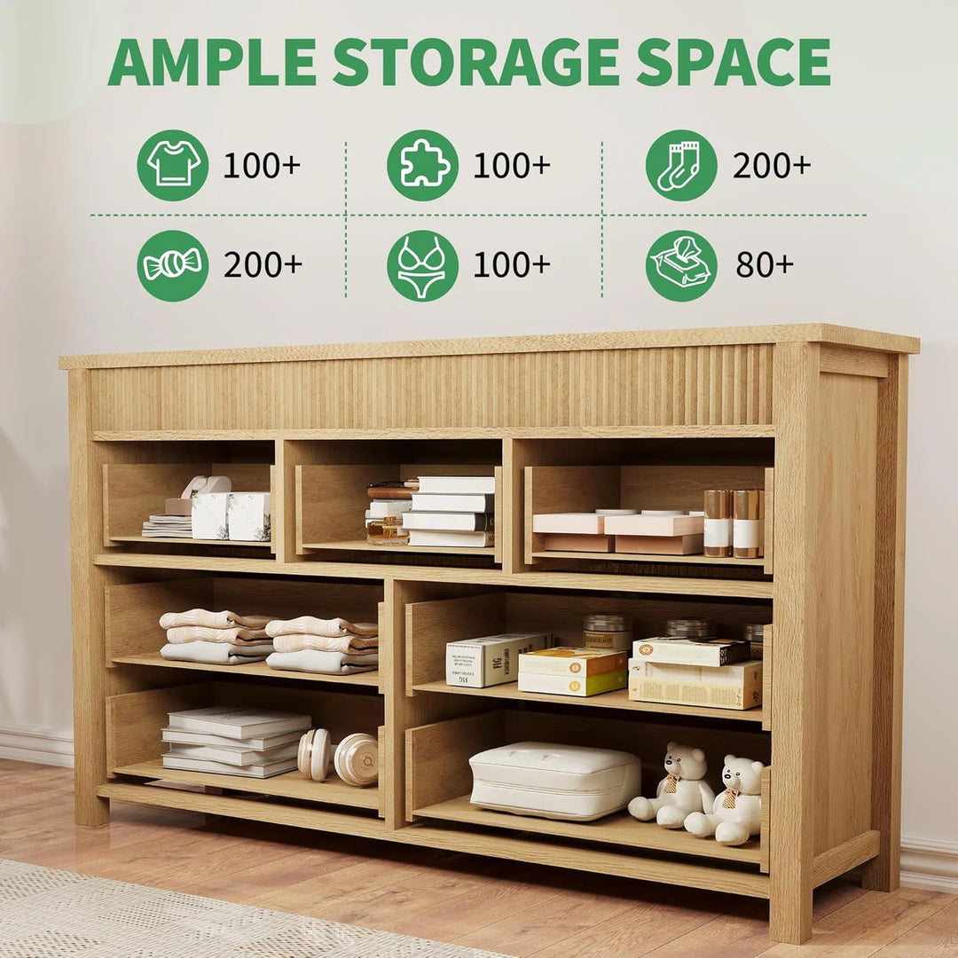 7 Drawer Dresser for Bedroom, 54 in Wide Modern Fluted Chest of Drawers, Wooden Storage & TV Stand, Natural Oak