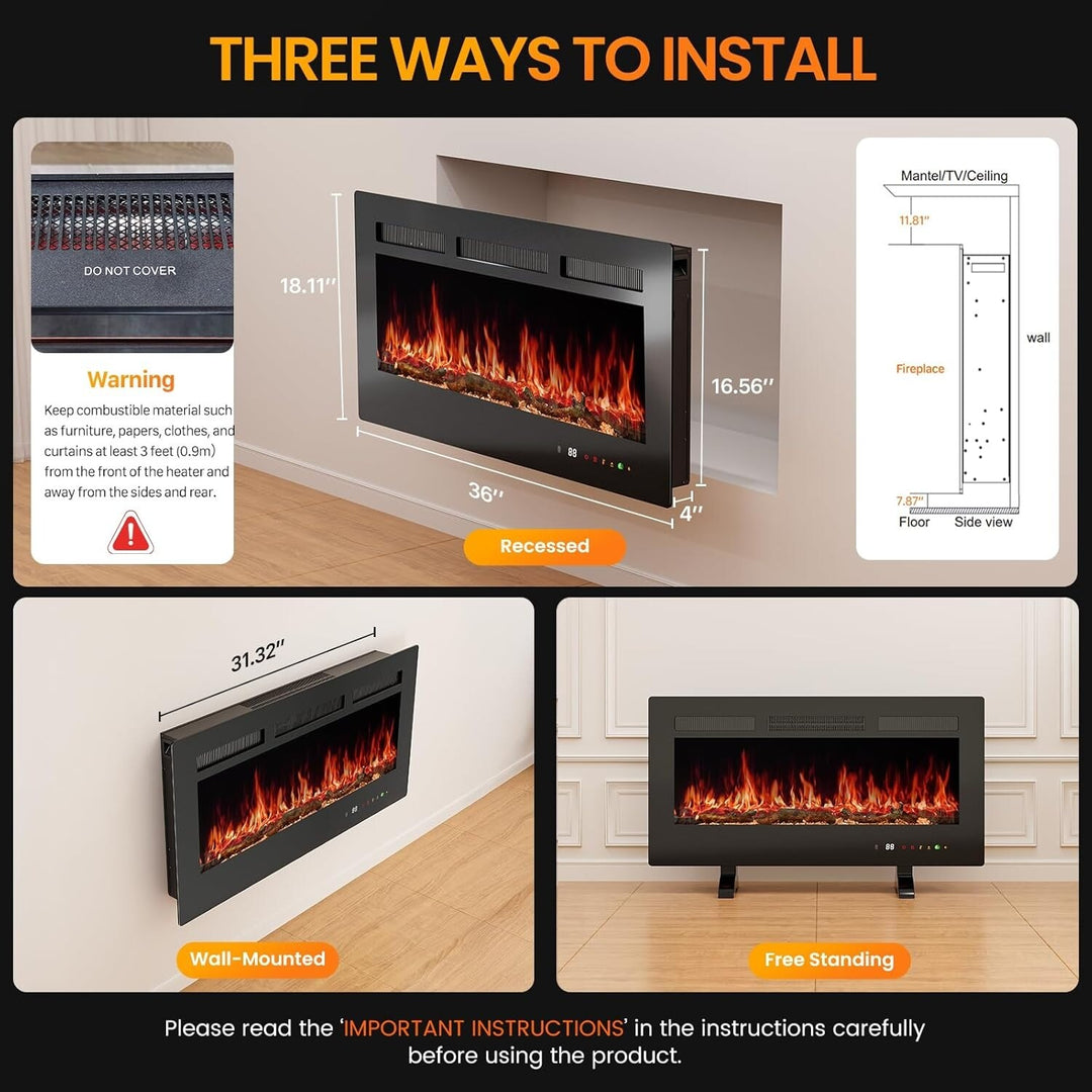 3-In-1 Electric Fireplace: 1500W Wall Mount, Recessed or Freestanding Heater with Remote & Touch Control