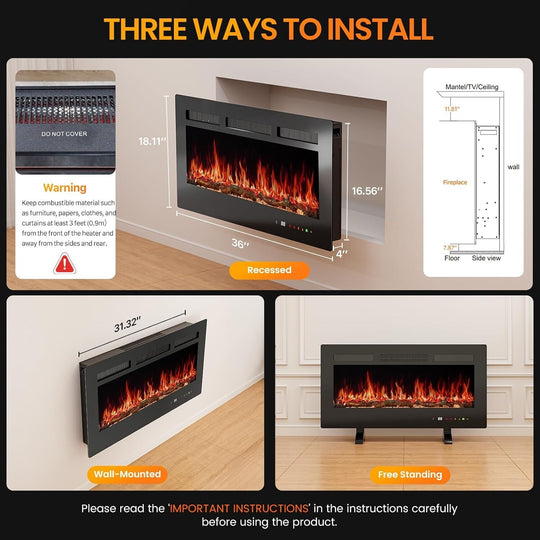 3-In-1 Electric Fireplace: 1500W Wall Mount, Recessed or Freestanding Heater with Remote & Touch Control