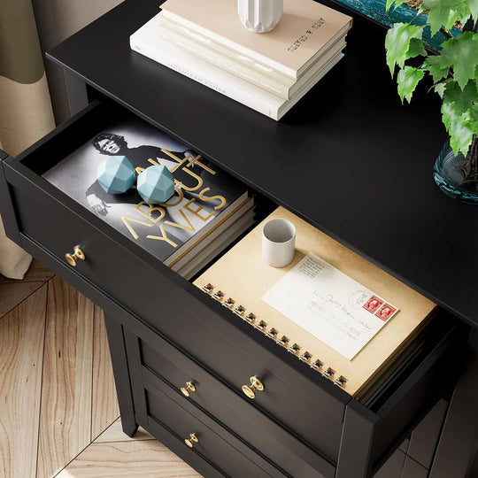 Modern Bedroom Nightstand with 5 Drawers & Metal Handles - Multifunctional Storage Cabinet,Easy Assembly for Living Room