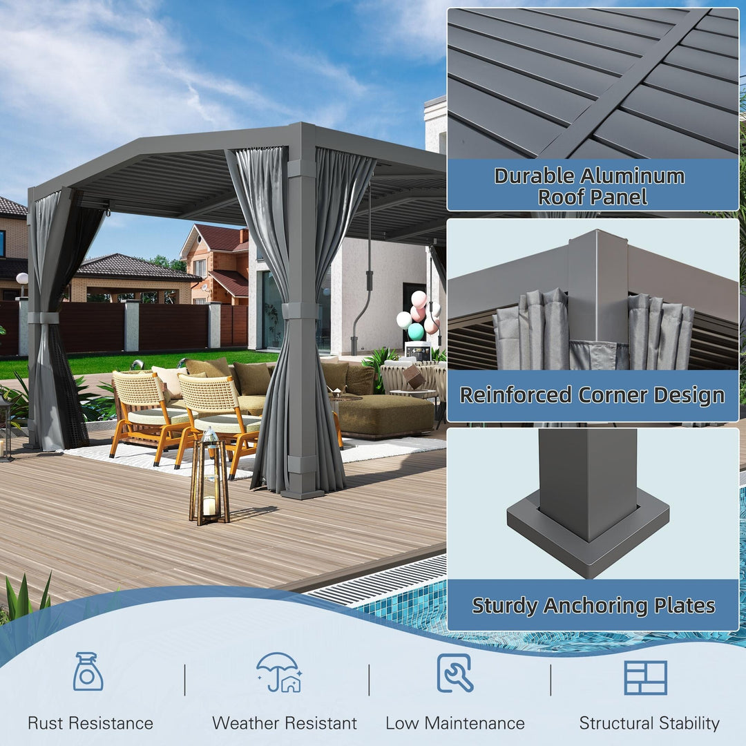 Outdoor Louvered Pergola Gazebo with Adjustable Aluminum Rainproof Roof and Pull-Down Screen
