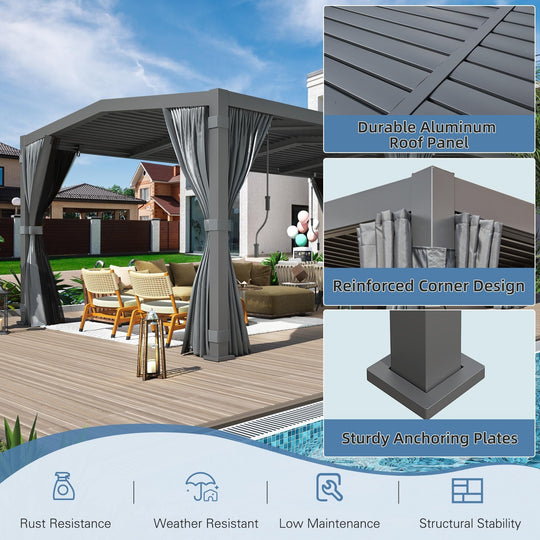 Outdoor Louvered Pergola Gazebo with Adjustable Aluminum Rainproof Roof and Pull-Down Screen