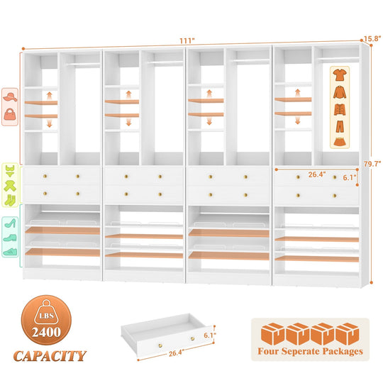 Grimm 28'' Closet Organizer with Shoe Racks and Drawers, Closet System with Hanging Rod and Adjustable Shelves