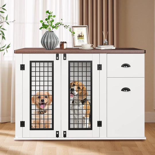 Dog Crate Furniture, with Drawer & Side Cabinet, Pet Kennel for Small to Medium Pet, White