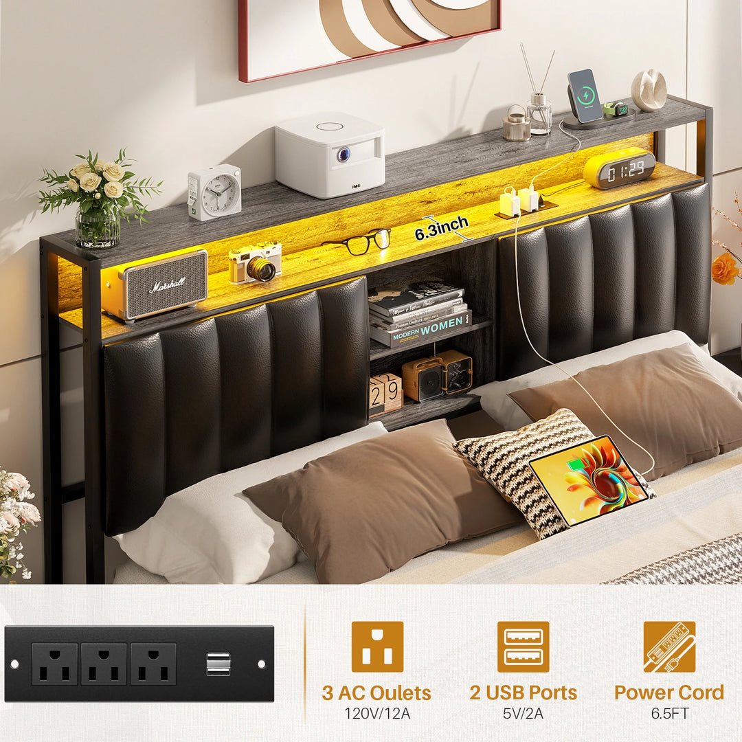 Upholstered Bed Frame with Storage Shelving, Platform Beds with Charge Station and LED Lights