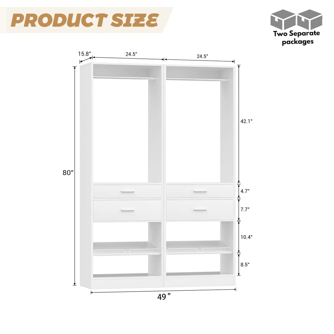 25'' W Freestanding Closet System with 2 Wooden Drawers and Adjustable Shoes Rack and Hanging Rod,Walk-In Closet Organizer