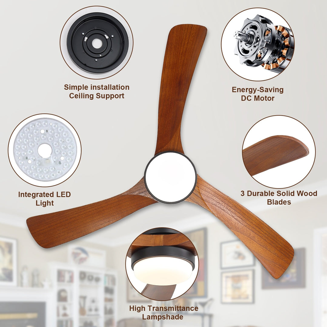 Sofucor 42"/48"/ 52"/60"Noiseless Walnut Wood Ceiling Fan with Remote Control, Integrated Light Optional