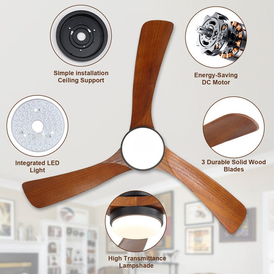 Sofucor 42"/48"/ 52"/60"Noiseless Walnut Wood Ceiling Fan with Remote Control, Integrated Light Optional