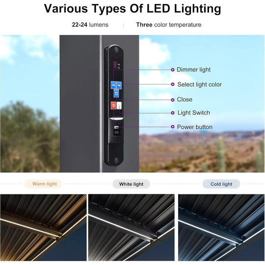 Solar Louvered Pergola with LED String Lights Aluminum Outdoor Pergola with Adjustable Roof for Patio Garden
