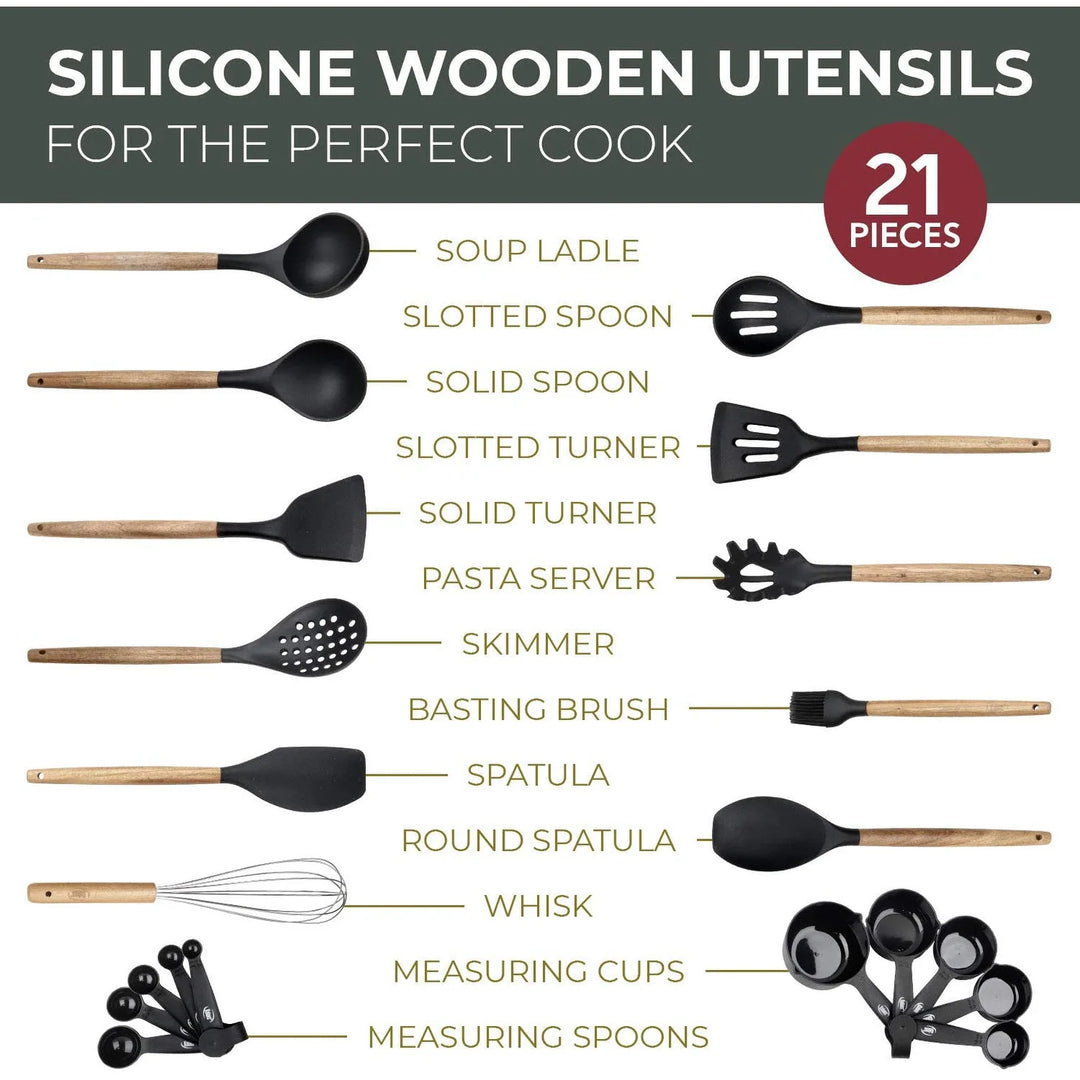 Kitchen Utensils Set, 21 Wood and Silicone Cooking Utensils