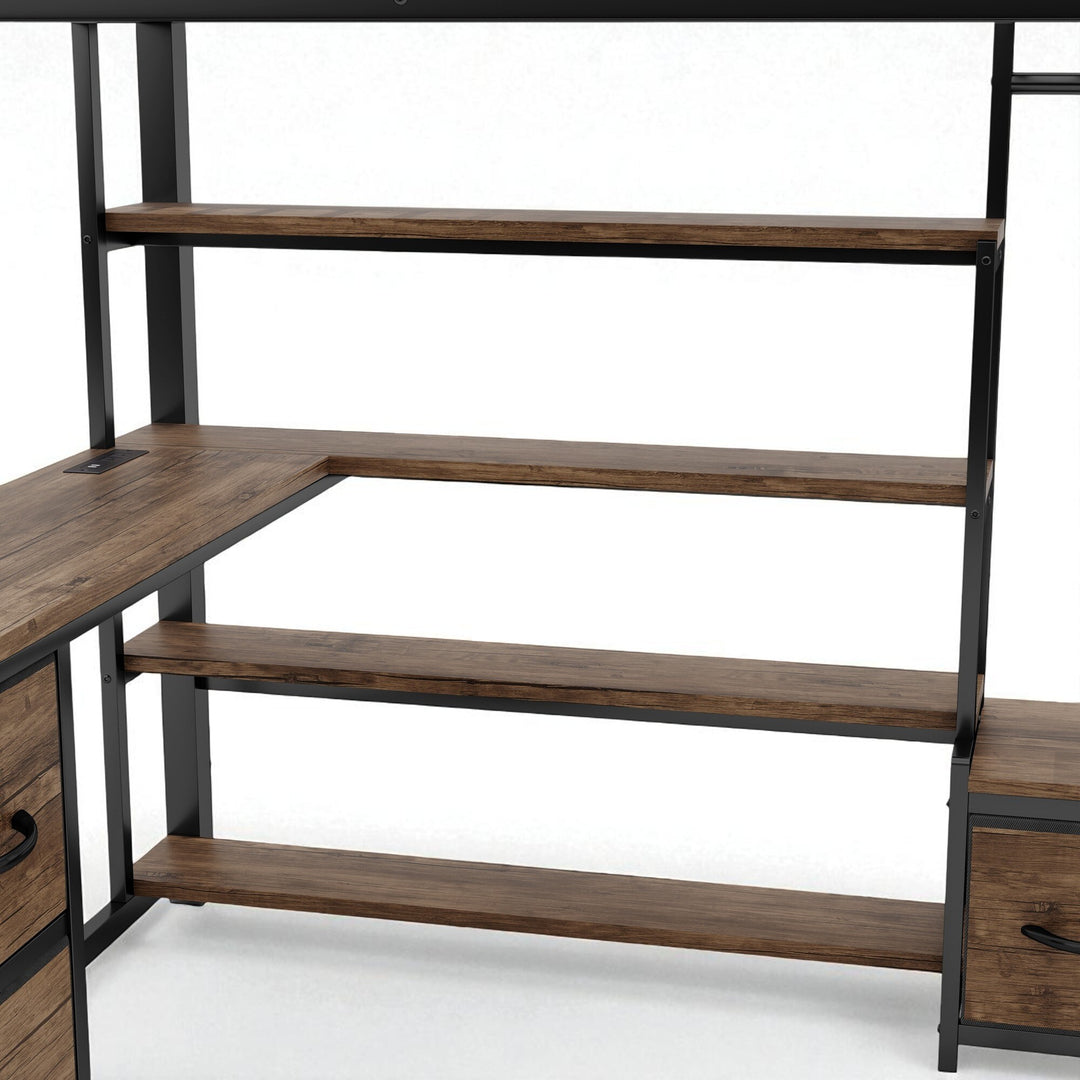 Full/Queen Size Metal Loft Bed with Desk, LED Lights, USB Ports, Shelves, Drawers, and Wardrobe, Black