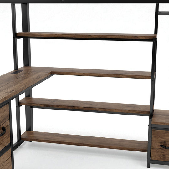 Full/Queen Size Metal Loft Bed with Desk, LED Lights, USB Ports, Shelves, Drawers, and Wardrobe, Black