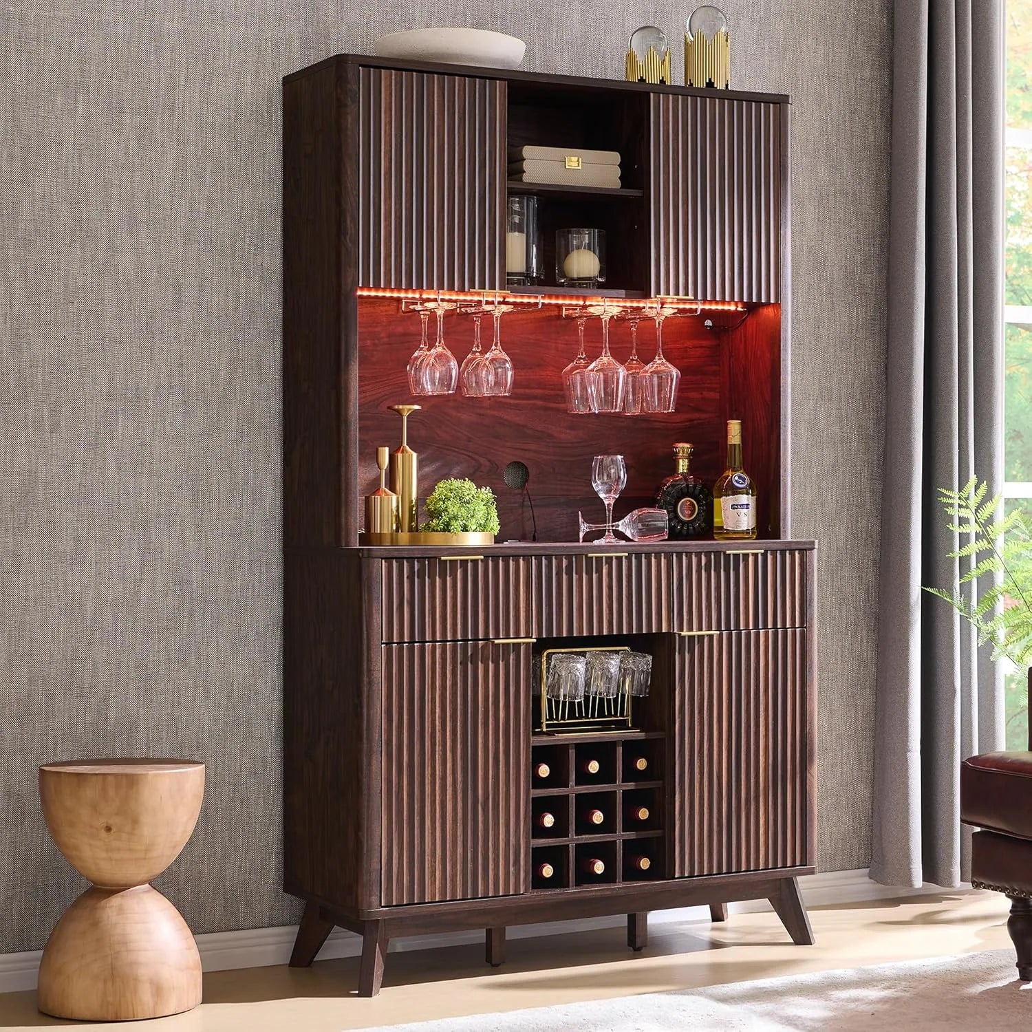 72" Wine Bar Cabinet, Modern Wood Coffee Bar Cabinet with LED Lights