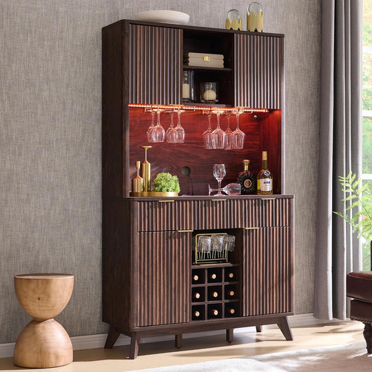 72" Wine Bar Cabinet, Modern Wood Coffee Bar Cabinet with LED Lights