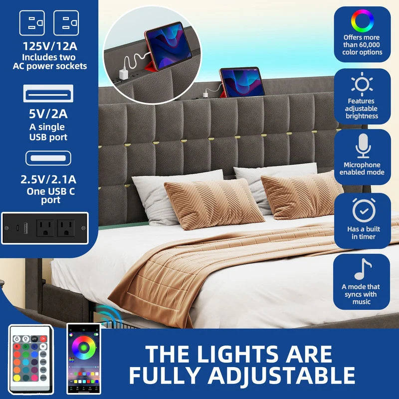 Queen/King Size Velvet Upholstered Bed with Charging Station and Storage Drawers