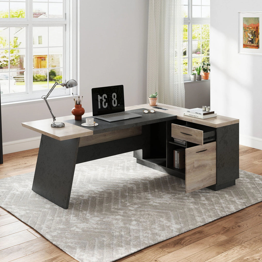 78.74 Inches L-Shape Executive Desk, Industrial Wood Desk with Cabinet Drawer Storage Shelves