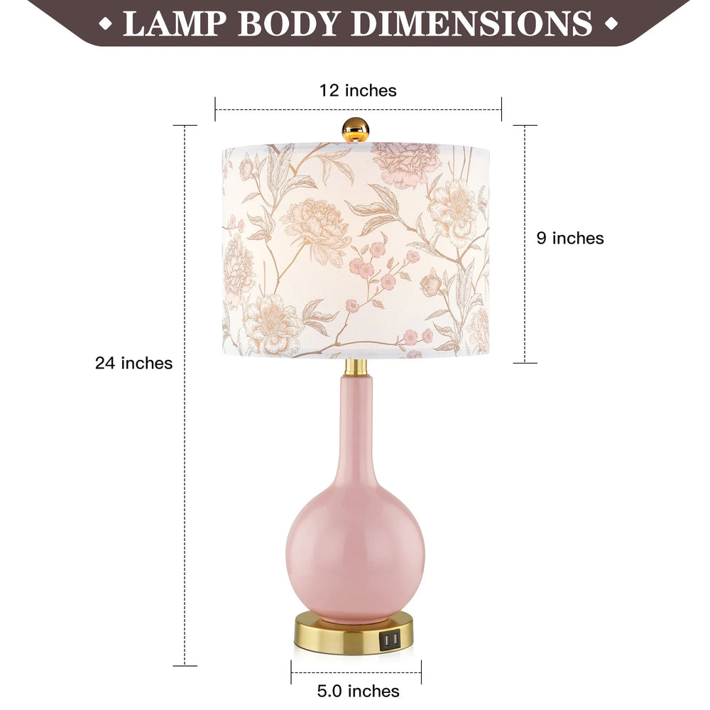 Pink Ceramic Table Lamp with Dimmable Touch Control and Dual USB Charging Ports