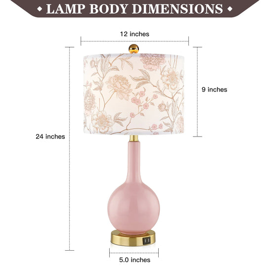 Pink Ceramic Table Lamp with Dimmable Touch Control and Dual USB Charging Ports