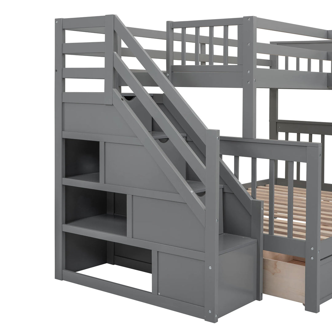 L-Shaped Bunk Bed with Three Drawers, Portable Desk and Wardrobe, Twin-Twin over Full Design