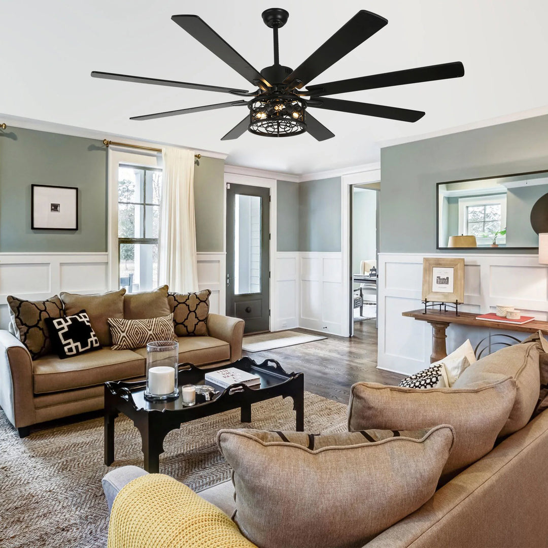 72" Rustic Large Ceiling Fan with Light and Remote 6-Speed 3-Light Farmhouse Metal Caged Black Ceiling Fan
