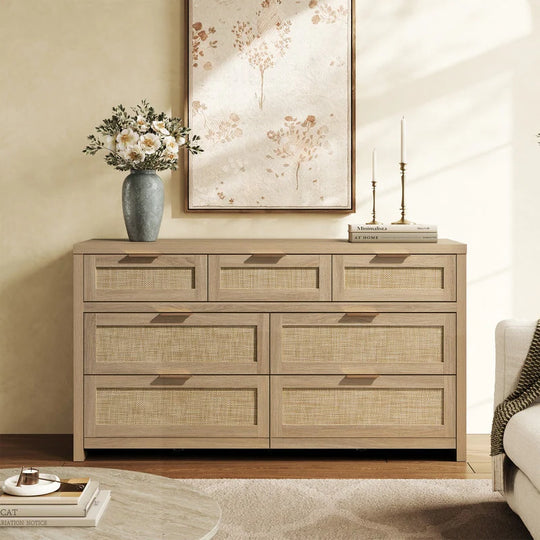 Elegant Right Angled Dresser with 6 Rattan Woven Drawers