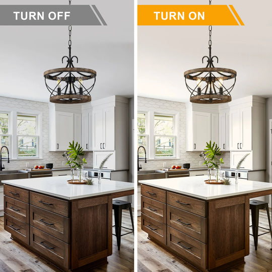 13"/15.7"/19.7" Rustic Cage Wood Chandelier Dimmable Lighting Farmhouse Adjustable Pendant Light for Kitchen Island