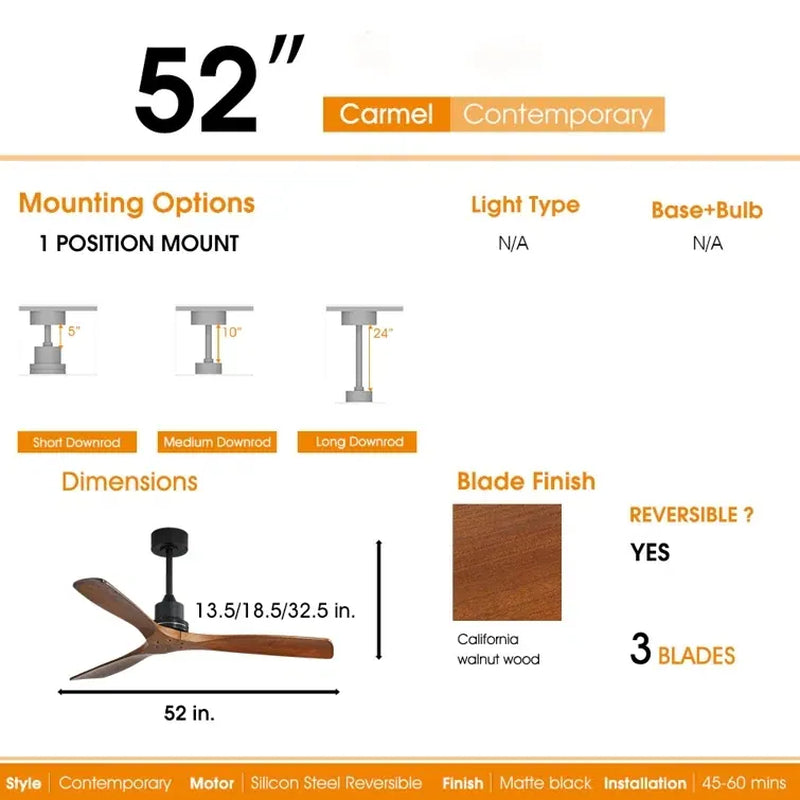 Sofucor 42"/48"/ 52"/60"Noiseless Walnut Wood Ceiling Fan with Remote Control, Integrated Light Optional
