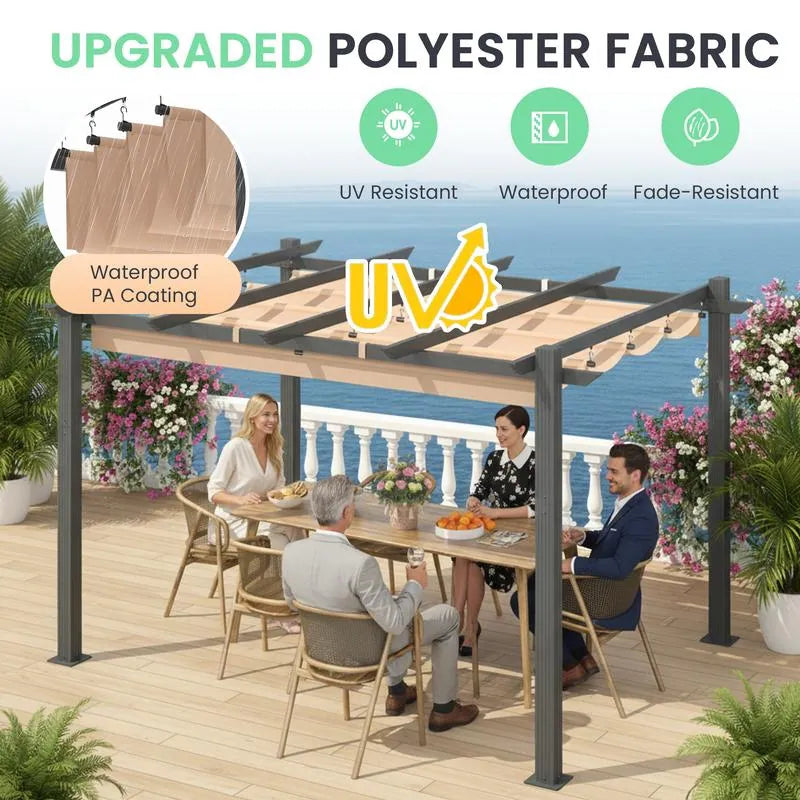 10' X 13' Outdoor Pergola with Retractable Canopy, Heavy-Duty Metal Frame and Adjustable Patio Shade Roof