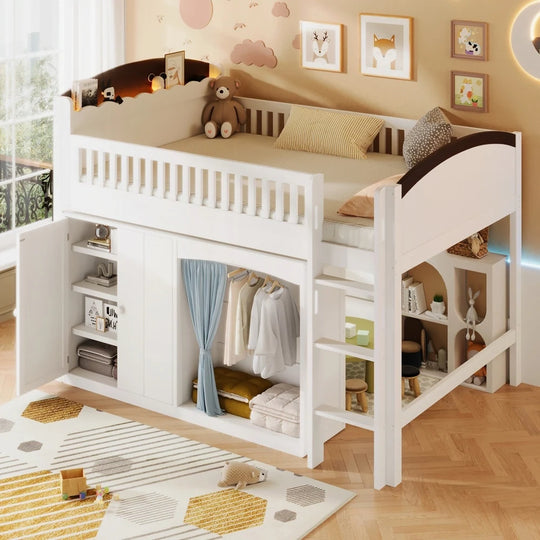 Loft Bed with Storage Cabinet and LED