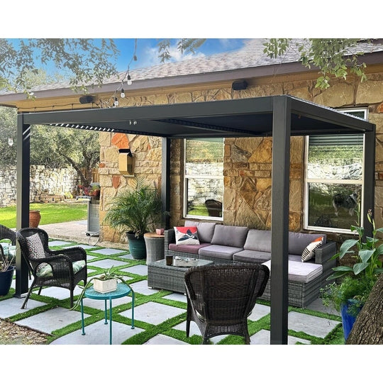 Solar Louvered Pergola with LED String Lights Aluminum Outdoor Pergola with Adjustable Roof for Patio Garden