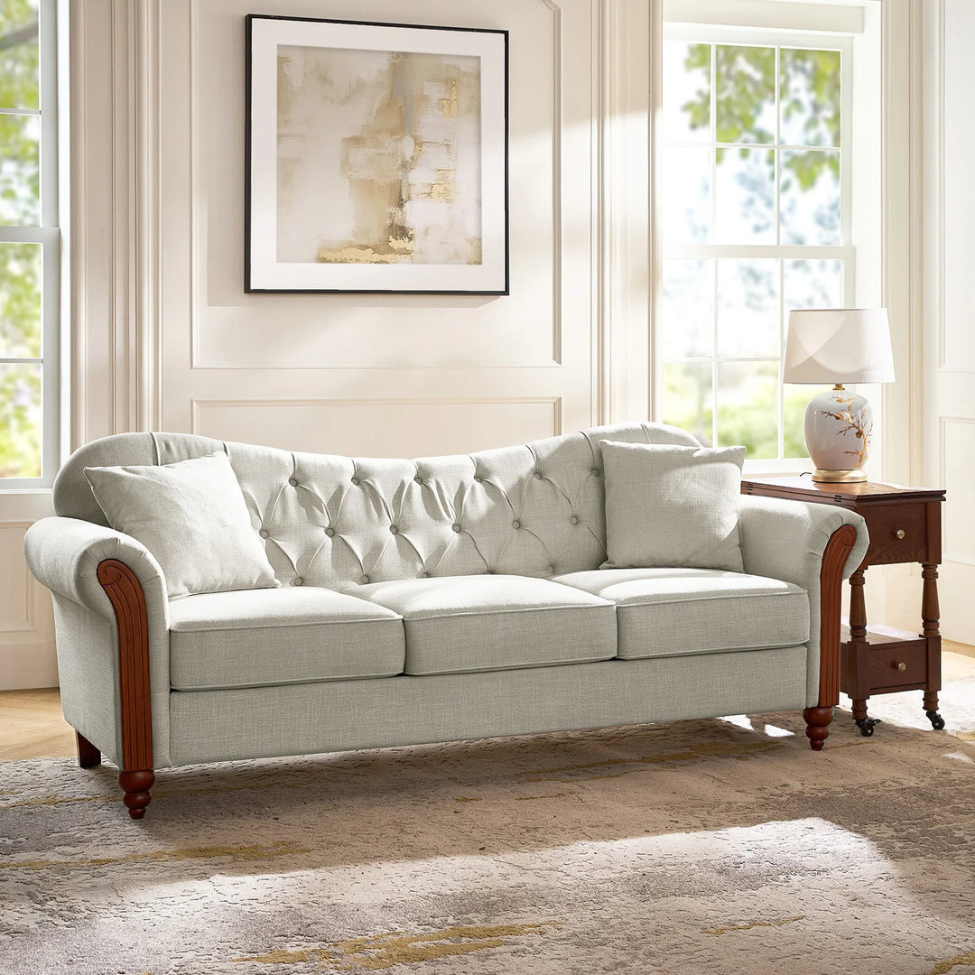 Mario Traditional 83"Wide Tufted Sofa with Solid Wood Legs and Pillows by