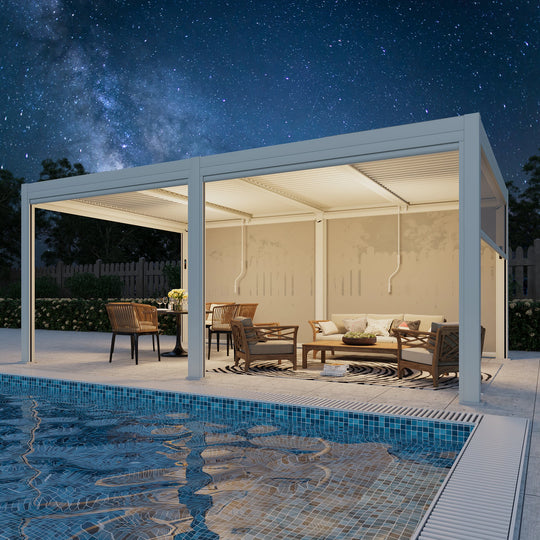 Outdoor Louvered Pergola Gazebo with Adjustable Aluminum Rainproof Roof and Pull-Down Screen