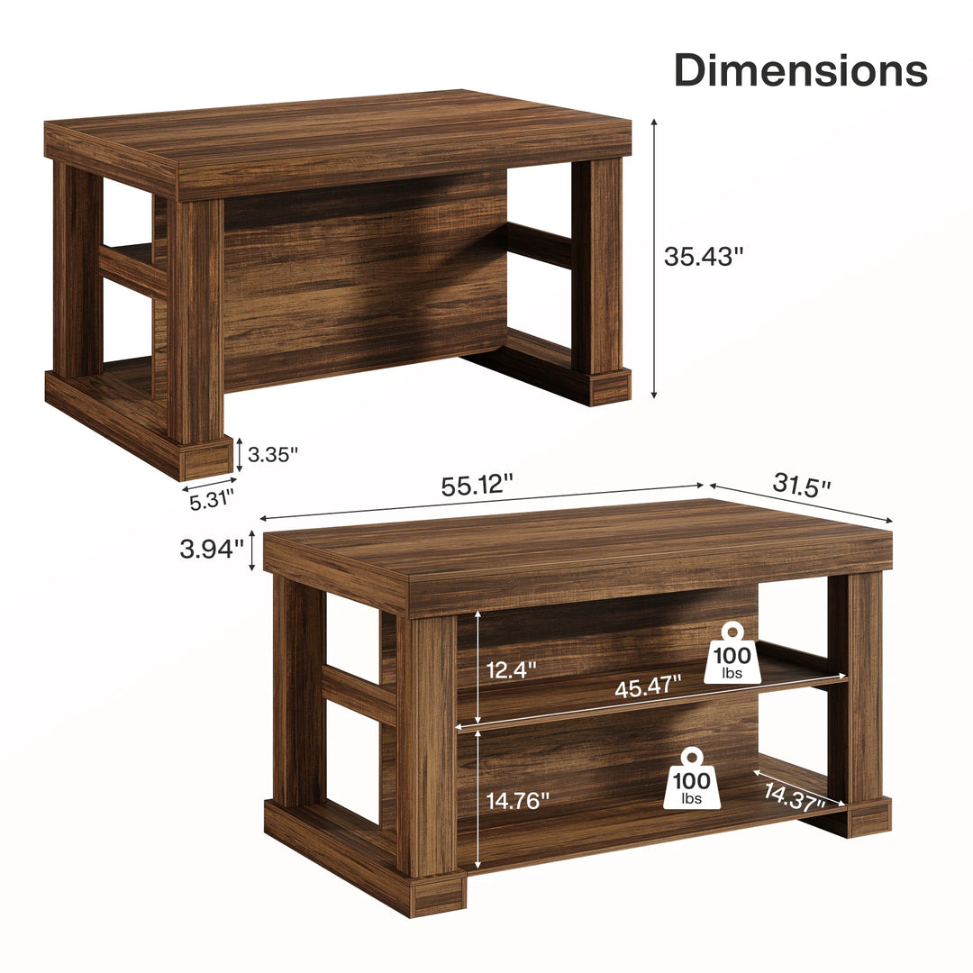 55-Inch Stationary Kitchen Island with Storage Shelves and Large Worktop, Farmhouse Style, Light Brown