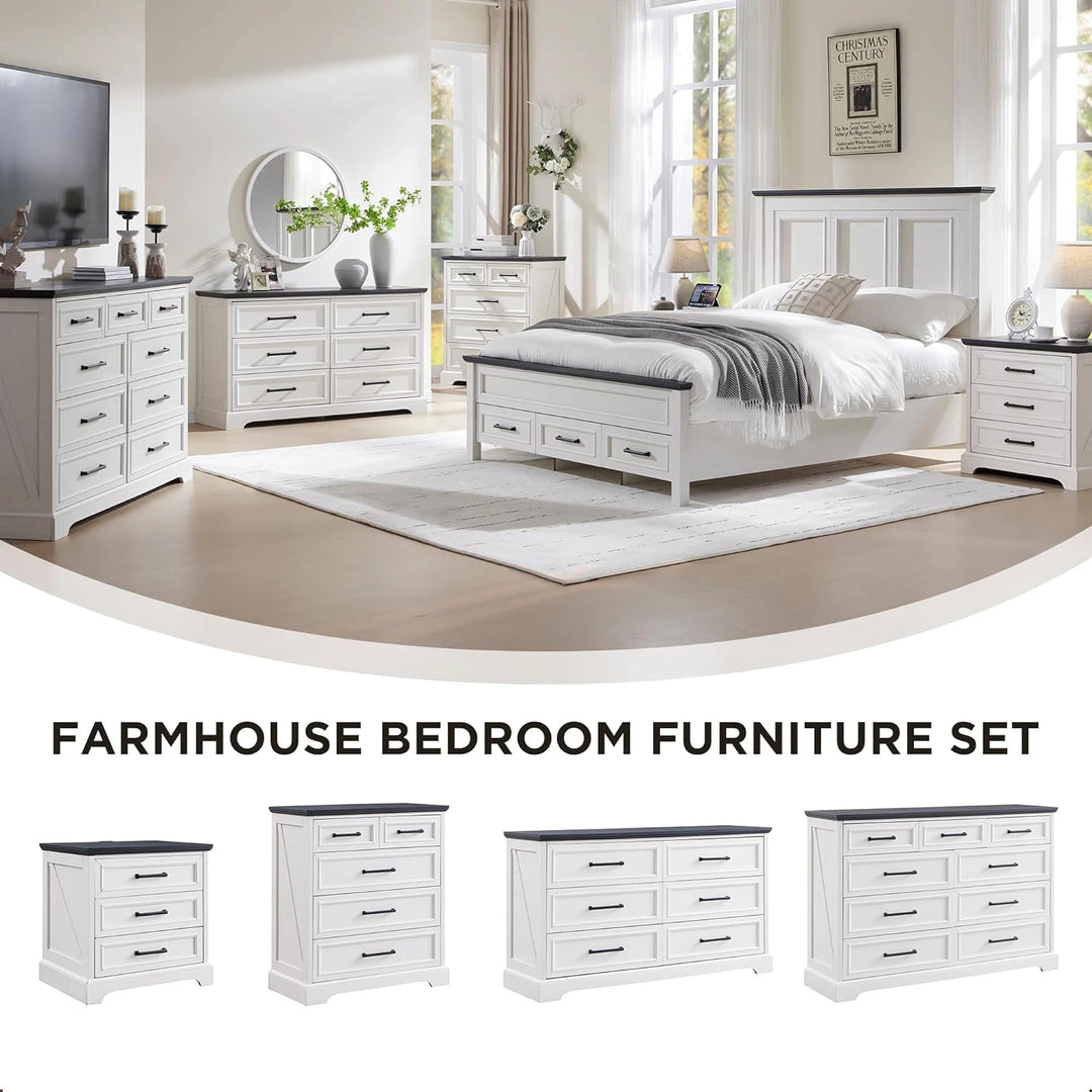 Farmhouse 3-Drawer Nightstand, Wide End Table with Charging Station