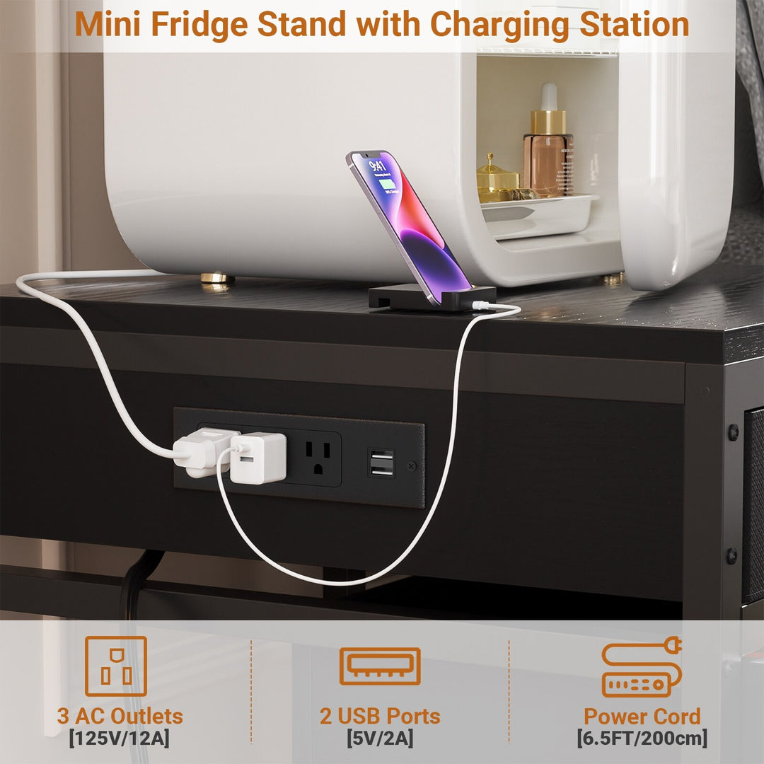 Mini Fridge Stand with Charge Station, Side/ End Table with Storage Drawers and Rolling Cabinet