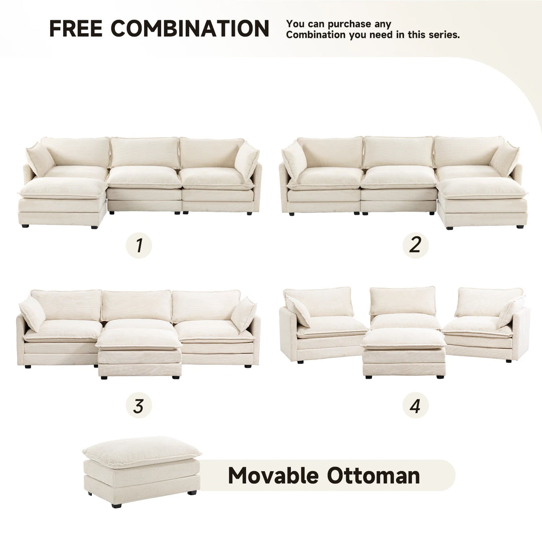 Corduroy Sectional Sofa with Removable Ottomans & Ultra-Soft Cushions for Living Room & Bedroom