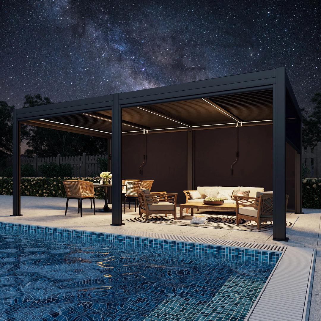 Outdoor Louvered Pergola Gazebo with Adjustable Aluminum Rainproof Roof and Pull-Down Screen
