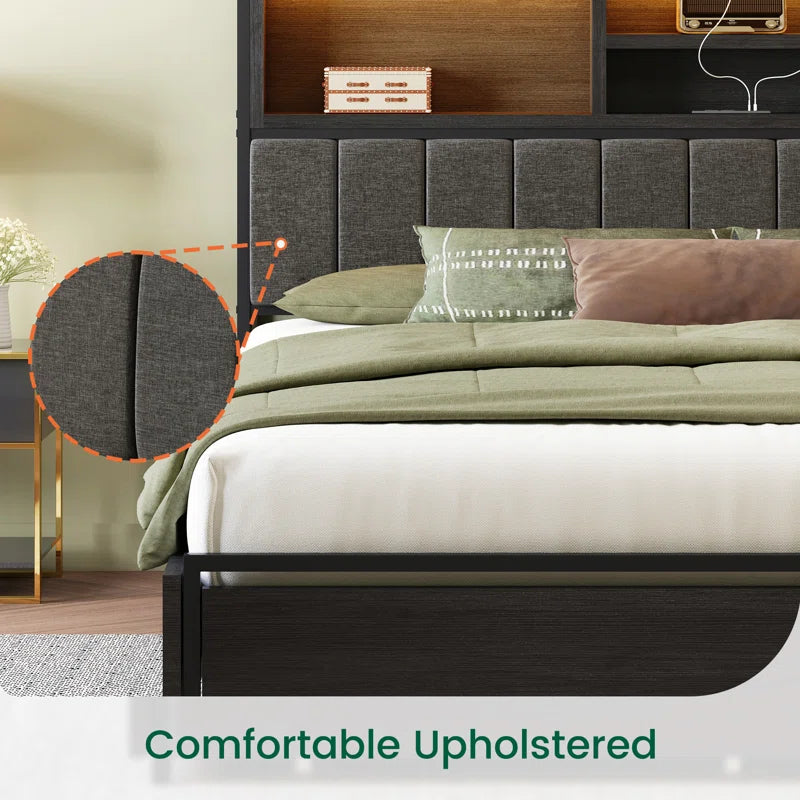 Bed Frame with 6 Storage Drawers, Linen Upholstered Headboard, Built in Charging Station and Led