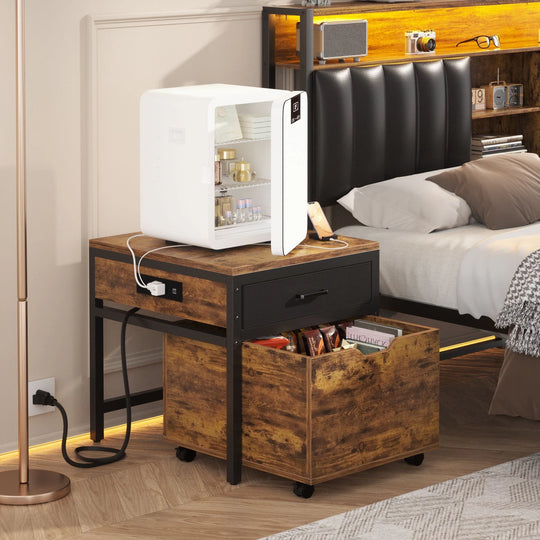 Modern Farmhouse Nightstand with Charging Station, Living Room End Table with Rolling Cabinet