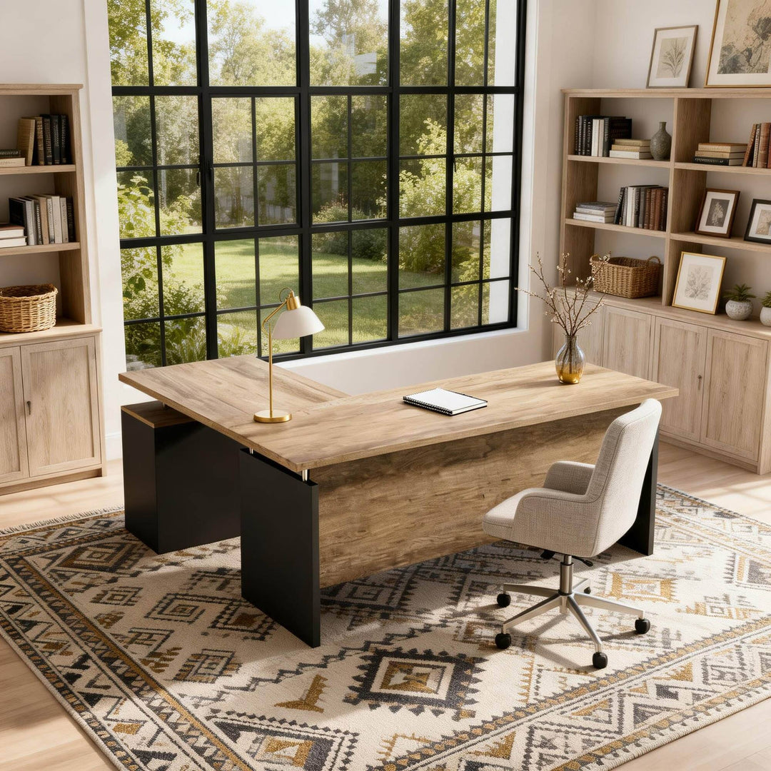 WESOME 63-Inch L Shaped Executive Desk, Industrial Modern Office Desk with 3 Storage Drawers