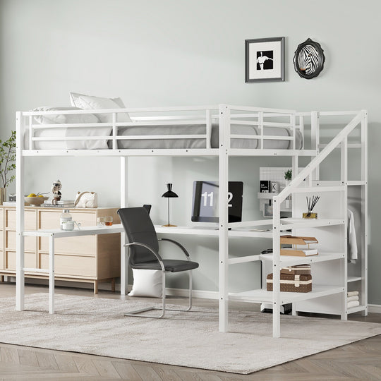 Queen Size Esports Gaming & Work Loft Bed with L-Shaped Desk, USB, LED, Wardrobe and Adjustable Shelf, Versatile Metal Bed Frame