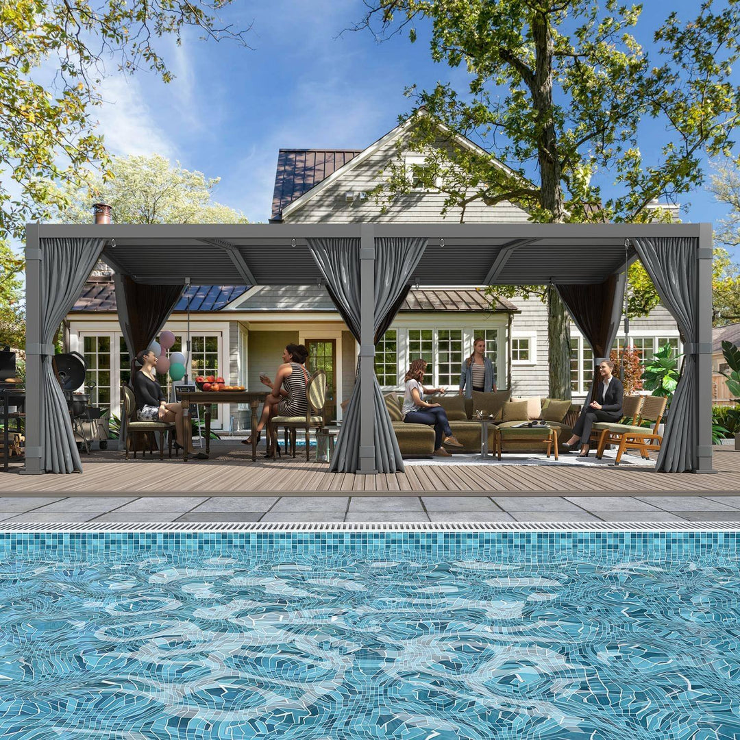 Outdoor Louvered Pergola Gazebo with Adjustable Aluminum Rainproof Roof and Pull-Down Screen