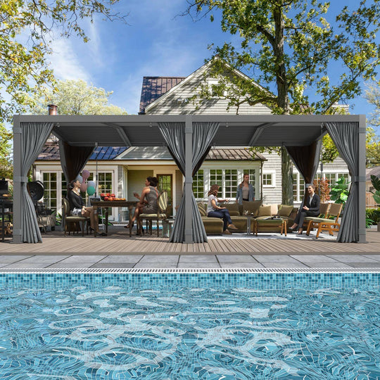 Outdoor Louvered Pergola Gazebo with Adjustable Aluminum Rainproof Roof and Pull-Down Screen