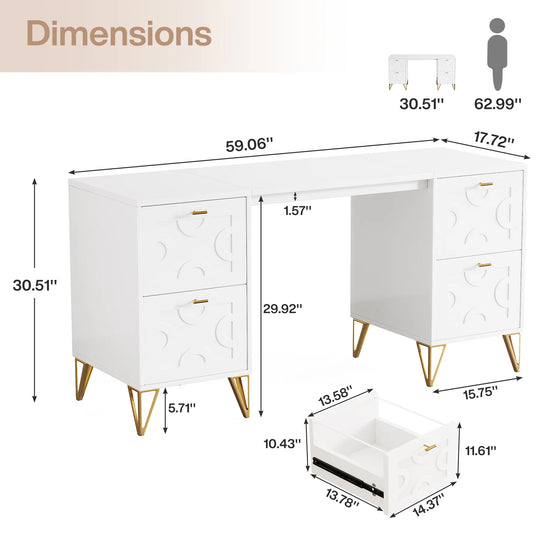 White Computer Desk with File Drawers, 59'' Modern Home Office Desk