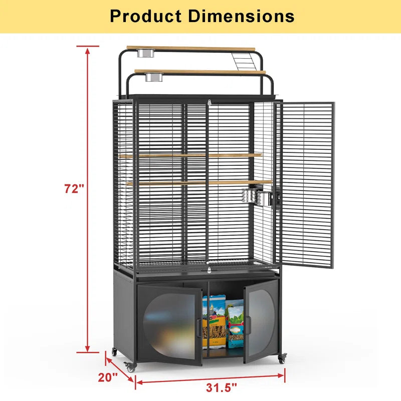 72-Inch Bird Cage with Play Top, Parakeet Cage with Rolling Storage Cabinet Extra Large with Cover
