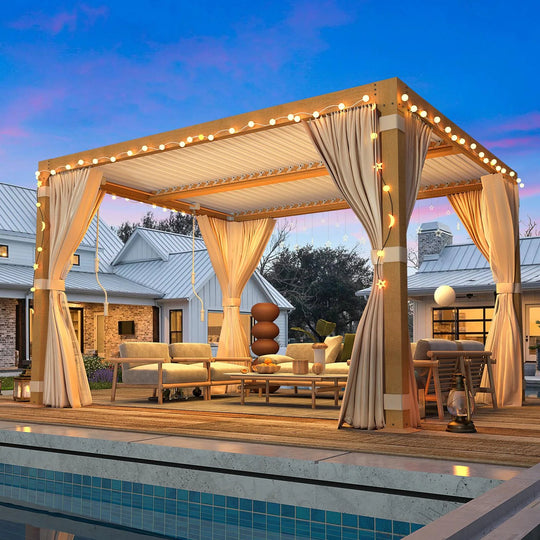 Outdoor Louvered Pergola Gazebo with Adjustable Aluminum Rainproof Roof and Pull-Down Screen