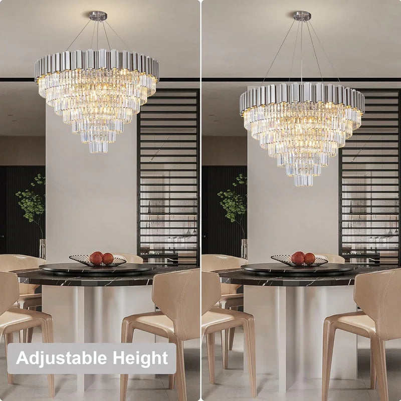Large Crystal Chandelier - 35.4"Modern 6-Tier 17-Light Chrome Ceiling Light, Luxury K9 Crystal